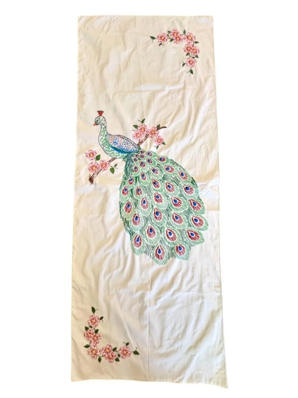 Hand Embroidered Peacock Floral Extra Large Pillowcase 19 x 50